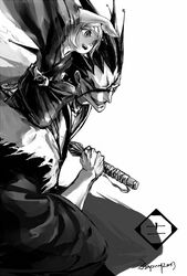  1boy arm_up bleach commentary english_commentary eyepatch female from_side grey_background greyscale hair_slicked_back hand_up haori holding holding_sword holding_weapon japanese_clothes kusajishi_yachiru long_sleeves monochrome on_shoulder open_mouth scar scar_on_face short_hair signature simple_background smile smirk spiked_hair sword taichou_haori teeth upper_teeth_only weapon zaraki_kenpachi zzyzzyy 