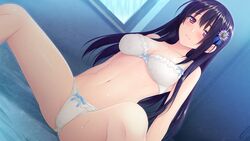  alpha_(yukai_na_nakamatachi) black_hair blue_ribbon blush boku_no_hitori_sensou bra breasts cameltoe cleavage closed_mouth collarbone crown female game_cg hair_ribbon indoors inuzuka_rumi leaning_back long_hair medium_breasts navel panties plaid plaid_ribbon red_eyes ribbon ribbon_bra shiny_skin sitting solo spread_legs straight_hair striped striped_ribbon sweatdrop underwear underwear_only very_long_hair white_bra white_panties 