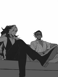  2boys closed_mouth collar collarbone collared_shirt couch crossed_legs dark-skinned_male dark_skin from_below frown greyscale looking_down male_focus monochrome multiple_boys pants piers_(pokemon) pokemon pokemon_swsh raihan_(pokemon) rioru_(rioru_v_v) shirt shoes short_hair short_sleeves sitting sleeveless sleeveless_shirt sunglasses v-neck watch wristwatch 