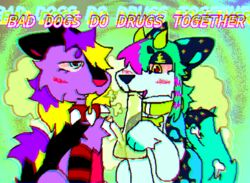  3d_effect abstract_background absurd_res alternative_fashion ambiguous_gender blush bone bong bright_colors canid canine canis clothing collar collar_only colorful_theme conditional_dnp coontail_hair digital_drawing_(artwork) digital_media_(artwork) distorted_text domestic_dog drugs duo english_text feral flat_colors footwear green_background hi_res horn jackrabbit_(artist) looking_down looking_pleasured looking_up male mammal marijuana neon_colors nonbinary_(lore) nude psychedelic_background red_eyes scene_(fashion) simple_background smoke smoke_from_mouth smoking smoking_marijuana smoking_pipe socks sparklefur spiked_collar spikes substance_intoxication text wolf 