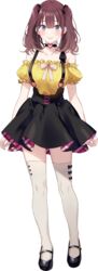  black_choker black_footwear black_skirt blush breasts brown_hair choker collarbone female frilled_shirt frills full_body hair_behind_ear heart heart_choker highres lee_roha lee_roha_(1st_costume) looking_at_viewer medium_breasts nijisanji nijisanji_kr off-shoulder_shirt off_shoulder official_art purple_eyes shirt skirt smile solo suspenders thighhighs tomari_(veryberry00) transparent_background twintails virtual_youtuber 