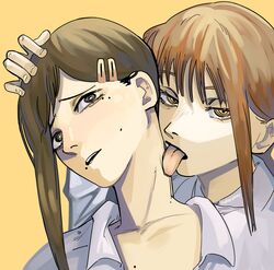  2girls @_@ absurdres artist_name black_eyes brown_hair chainsaw_man collarbone commentary english_commentary eyebrows_hidden_by_hair hair_ornament hairclip hand_on_another&#039;s_head higashiyama_kobeni highres licking licking_another&#039;s_neck makima_(chainsaw_man) mole mole_on_neck mole_under_eye mole_under_mouth multiple_girls multiple_moles orange_eyes pastepiphany red_hair ringed_eyes signature tongue tongue_out yuri 