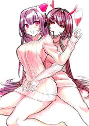  2girls alcohol asakou_(n_morninglight) breasts cup drinking_glass drunk fake_antlers fate/grand_order fate_(series) hair_in_own_mouth hat highres hug large_breasts long_hair looking_at_viewer multiple_girls party_hat purple_hair red_eyes scathach_(fate) scathach_skadi_(fate) sitting smile sweater very_long_hair wine wine_glass 