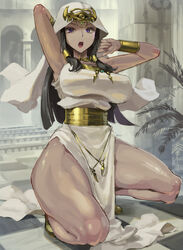  alternate_breast_size arms_up black_hair breasts curvy dark-skinned_female dark_skin dress egyptian egyptian_clothes female forehead_jewel indoors isis_ishtar jewelry kazo_(kazozakazo) large_breasts long_hair looking_at_viewer open_mouth pelvic_curtain plant purple_eyes sleeveless solo squatting thick_thighs thighs yu-gi-oh! yu-gi-oh!_duel_monsters 