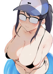  3: baseball_cap bikini black_bikini black_hair blush booch breasts cleavage collarbone commentary_request female glasses hand_on_own_arm hat highres houkago_teibou_nisshi large_breasts oono_makoto opaque_glasses ponytail side-tie_bikini_bottom sidelocks solo sweat swimsuit twitter_username 