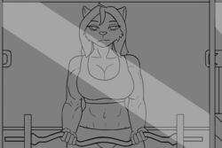  3:2 abs animated anthro athletic_wear barbell bicep_curl big_breasts bottomwear bra breast_squish breasts canid canine clothing curls exercise female gym gym_bottomwear gym_shorts hi_res mammal mirror mirror_reflection monochrome muscular muscular_female mythological_canine mythological_creature mythology reflection ruanshi short_playtime shorts smile smirk solo sports_bra squish underwear were werecanid werecanine werewolf workout workout_clothing 