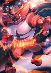  1other absurdres claws clenched_hand collarbone colored_sclera commentary_request fire green_eyes highres incineroar pectorals pokemon pokemon_(creature) sharp_teeth shukou_akanaru_(trabel) smile solo standing teeth yellow_sclera 