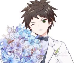  1boy bad_id bad_twitter_id badge blue_flower bouquet bow bowtie brown_hair collared_shirt danganronpa_(series) danganronpa_10th_anniversary_costume danganronpa_2:_goodbye_despair dress_shirt earrings flower formal green_eyes grey_shirt hinata_hajime holding holding_bouquet holding_flower jewelry long_sleeves looking_at_viewer male_focus midou_(grk12138) official_alternate_costume one_eye_closed shirt short_hair simple_background smile solo teeth upper_body white_background white_flower 