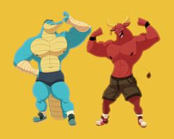  absurd_res alligator alligatorid anthro bovid bovine cattle crocodilian duo hi_res male mammal muscular muscular_male reptile scalie thewilldpink 