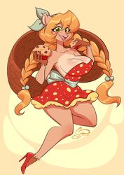  anthro beaver braided_hair breasts cleavage clothed clothing dress female fio_(avencri) food footwear hair hi_res high_heels lips mammal muffin ooo-belise-ooo rodent solo 