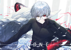  1boy absurdres black_bodysuit black_sclera blood blood_on_face blurry bodysuit broken_eyewear closed_mouth colored_sclera commentary_request depth_of_field glasses hand_up heterochromia highres hone_(hone_art) jacket kagune_(tokyo_ghoul) kaneki_ken looking_at_viewer male_focus red_eyes round_eyewear short_hair solo tokyo_ghoul toned toned_male upper_body white_hair white_jacket yellow_eyes 