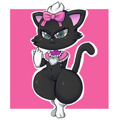  1:1 accessory anthro black_body black_fur blush bow_(feature) bow_accessory bow_ribbon centered_hair_bow diana_(jewelpet) dipstick_limbs domestic_cat felid feline felis female fur grey_eyes hair_accessory hair_fountain hair_ribbon hairbow hi_res jewelpet jewelry looking_at_viewer lotikmac mammal munchkin_cat narrowed_eyes necklace pink_background redbright_(artist) ribbons sanrio seductive sega sega_fave semi-anthro simple_background smug smug_face solo thick_thighs wide_hips 