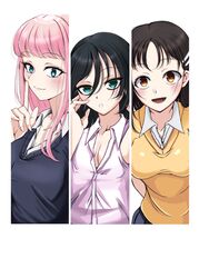  3girls :d bad_id bad_twitter_id black_hair blonde_hair blue_eyes blush breasts cleavage closed_mouth collared_shirt column_lineup dress_shirt green_eyes highres hirasawa_shizuku index_finger_raised katou_asuka kuroki_tomoko large_breasts looking_at_viewer medium_breasts multiple_girls open_mouth osumoto1 school_uniform shirt simple_background small_breasts smile watashi_ga_motenai_no_wa_dou_kangaetemo_omaera_ga_warui! yellow_eyes 