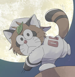  1boy absurdres baseball_uniform closed_mouth commentary_request dorabase:_doraemon_chouyakyuu_gaiden doraemon full_moon furry furry_male gizugazu highres leaf leaf_on_head looking_at_viewer male_focus moon night pitching pitching_mound pokoemon_(doraemon) raccoon_tail solo sportswear tail whiskers 