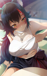  animal_ear_fluff animal_ears bad_id bad_twitter_id bare_shoulders black_hair black_skirt blurry blurry_background blush breasts closed_mouth commentary female fumihiko_(fu_mihi_ko) hair_ornament hairclip highres hololive jewelry large_breasts long_hair multicolored_hair necklace nose_blush official_alternate_costume ookami_mio ookami_mio_(street) orange_eyes outdoors red_hair shadow shirt sitting skirt sleeveless sleeveless_shirt smile solo star_(symbol) star_hair_ornament streaked_hair virtual_youtuber white_shirt wolf_ears 