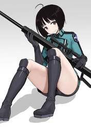  3: ahoge alternate_eye_color amatori_chika black_footwear black_gloves black_hair black_shorts blue_jacket bob_cut boots brown_eyes closed_mouth commentary convenient_leg emblem feet_out_of_frame female gloves grey_background gun hand_up highres holding holding_gun holding_weapon jacket knee_boots knees_up light_smile long_sleeves looking_at_viewer mikumo_squad&#039;s_uniform puru rifle scope short_hair shorts sitting sniper_rifle solo thighs uniform weapon white_background world_trigger 