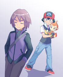  2boys backpack bag bangs black_hair chimchar closed_eyes closed_mouth commentary_request fingerless_gloves gloves grey_bag hands_in_pockets hat highres holding holding_pokemon jacket male_focus mei_(maysroom) multiple_boys pants parted_lips paul_(pokemon) pokemon pokemon_(anime) pokemon_(creature) pokemon_dppt_(anime) purple_hair red_headwear satoshi_(pokemon) shirt shoes short_hair short_sleeves 