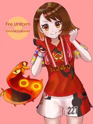  alternate_costume bad_id bad_twitter_id blush bob_cut brown_eyes brown_hair character_name clenched_hands closed_mouth collared_shirt commentary duplicate dynamax_band english_text eyelashes female gloria_(pokemon) gloves hands_up looking_at_viewer pokemon pokemon_(creature) pokemon_swsh red_shirt setta_shu shirt short_hair short_sleeves shorts side_slit side_slit_shorts single_glove sizzlipede smile 