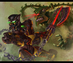  2017 5_fingers armor axe battle bionicle chains digital_drawing_(artwork) digital_media_(artwork) duo fingers green_eyes hewkii holding_object holding_weapon humanoid lego machine male mask melee_weapon multicolored_body muscular not_furry protodite red_eyes robot sharp_teeth simple_background skakdi smile teeth toa two_tone_body uncle-k weapon zaktan 