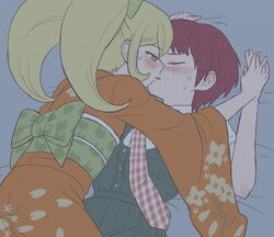  2girls animal_print blonde_hair blush bow cat_print closed_eyes commentary_request cowgirl_position danganronpa_(series) danganronpa_2:_goodbye_despair dress facing_another floral_print freckles gingham_necktie green_bow green_dress green_sash hairbow half-closed_eye holding_hands imminent_kiss interlocked_fingers japanese_clothes kimono koizumi_mahiru long_hair looking_at_another lying multiple_girls namu_(nurui_cha) necktie obi on_back pinafore_dress pink_necktie pleated_dress print_bow print_sash profile red_necktie saionji_hiyoko sash short_hair sleeveless sleeveless_dress sweat twintails white_necktie wide_sleeves yuri 