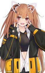  :d absurdres armband black_bow black_gloves black_jacket black_pants black_shirt blush bow brown_hair commission crop_top double_v drawn_ears drawn_whiskers female fingerless_gloves girls&#039;_frontline gloves hair_ornament hairbow hairclip hands_up highres jacket kotoha_(kotoha65) long_hair long_sleeves midriff_peek open_clothes open_jacket open_mouth pants red_eyes scar scar_across_eye shirt simple_background skeb_commission smile solo split_mouth straight-on teeth twintails ump9_(girls&#039;_frontline) ump9_(mod3)_(girls&#039;_frontline) upper_body upper_teeth_only v very_long_hair white_background yellow_armband 