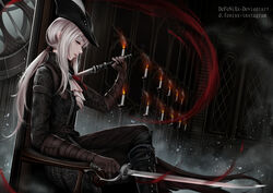  ascot blood bloodborne blue_eyes boots cape chair coat defenixx double-blade female gem gloves hat hat_feather holding lady_maria_of_the_astral_clocktower long_hair looking_at_viewer ponytail rakuyo_(bloodborne) simple_background smile solo sword the_old_hunters tricorne weapon white_hair 