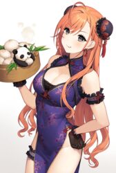  :p arisugawa_natsuha bad_id bad_pixiv_id bamboo_steamer baozi bare_shoulders black_gloves bra breasts china_dress chinese_clothes cleavage commentary_request cowboy_shot cowlick dot_nose double_bun dress earrings female food frills gloves grey_eyes hair_bun hand_on_own_hip highres holding idolmaster idolmaster_shiny_colors jewelry lace-trimmed_bra lace_trim large_breasts long_hair looking_at_viewer orange_hair panda parted_bangs purple_dress shadow sleeveless sleeveless_dress solo split_mouth steam tassel tongue tongue_out underwear yeije 