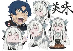  1boy absurdres ahoge black_ribbon blue_hair blueberry blush chaika_trabant closed_eyes crossed_bangs crying crying_with_eyes_open dirty dirty_face eating female food food_on_face fruit highres hitsugi_no_chaika holding holding_food holding_fruit multiple_views nyum puffy_cheeks ribbon runny_nose snot tears thick_eyebrows tooru_acura white_background white_hair 