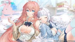  2girls ahoge azur_lane blue_cardigan blue_eyes blue_skirt blunt_bangs blurry blurry_background book book_stack braid breasts cardigan closed_eyes closed_mouth collared_shirt commentary_request copyright_name crossed_bangs dress_shirt hair_between_eyes impero_(azur_lane) impero_(languid_librarian)_(azur_lane) large_breasts light_smile long_hair long_sleeves looking_at_viewer miniskirt multiple_girls no_bra official_alternate_costume official_art open_clothes open_shirt pink_hair pleated_skirt second-party_source shirt single_braid skirt sleeves_past_wrists stuffed_animal stuffed_rabbit stuffed_toy sunlight thighhighs thighs very_long_hair vittorio_veneto_(azur_lane) white_hair white_shirt wing_collar yanyo_(ogino_atsuki) 