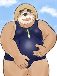  2020 3:4 anthro bear belly blush brown_body brown_fur clothing cute_fangs eyewear fur glasses hat headgear headwear hi_res humanoid_hands kemono lifewonders male mammal one-piece_swimsuit overweight overweight_anthro overweight_male school_swimsuit solo straw_hat swimwear tokyo_afterschool_summoners volos_(tas) yaki_atsuage 