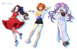  3girls absurdres ahoge bare_shoulders black_shorts blue_bow blue_dress blue_eyes blush bow breasts brown_hair d&#039;orsay_heels dress fate/grand_order fate_(series) forehead fujimaru_ritsuka_(female) fujimaru_ritsuka_(female)_(summer_anniversary) full_body glasses hair_ornament hair_scrunchie hairbow high_heels highres jacket jewelry large_breasts leonardo_da_vinci_(fate) leonardo_da_vinci_(rider)_(fate) leonardo_da_vinci_(summer_anniversary)_(fate) long_hair long_sleeves looking_at_viewer medium_breasts multiple_girls necklace official_alternate_costume one_side_up open_mouth orange_eyes orange_hair outstretched_arms parted_bangs ponytail purple_eyes purple_hair red_dress sandals scrunchie see-through see-through_jacket short_hair shorts sion_eltnam_sokaris sion_eltnam_sokaris_(summer_anniversary) small_breasts smile tank_top twintails underbust yellow_tank_top yuu_(higashi_no_penguin) 