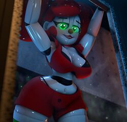  3d 3d_(artwork) animatronic arms_up baby_(fnafsl) belly_button big_breasts biting_lip boob_window circus_baby circus_baby_(fnaf) cleavage clown clown_girl clown_nose curly_hair five_nights_at_freddy&#039;s five_nights_at_freddy&#039;s:_sister_location freckles glowing_eyes green_eyes heart-shaped_pupils heart_eyes high_resolution highres large_female large_hair larger_female leggings legwear looking_at_viewer red_hair red_lips red_lipstick robot sfm shiny shiny_hair shiny_skin shorts showing_teeth sister_location smile smiling smiling_at_viewer so87baby source_filmmaker stockings summer_of_87_baby twintails underboob watermark white_body white_skin zentaisfm 