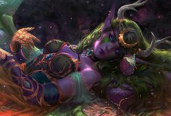  1girls blizzard_entertainment blue_eyes denahelmi detailed_background dragon dragon_girl dragon_horns dragoness elf fantasy green_hair medium_breasts milf night_elf purple_hair warcraft world_of_warcraft ysera 