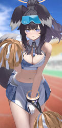  absurdres animal_ears bare_shoulders black_hair blue_archive blue_sky blush bracelet breasts cheerleader cleavage cowboy_shot dog_ears dog_girl dog_tail female gloves goggles goggles_on_head halo hibiki_(blue_archive) hibiki_(cheer_squad)_(blue_archive) highres holding holding_pom_poms jewelry long_hair looking_at_viewer millennium_cheerleader_outfit_(blue_archive) navel official_alternate_costume outdoors partially_fingerless_gloves pleated_skirt pom_pom_(cheerleading) ponytail purple_eyes skirt skirt_tug sky solo sports_bra star_sticker sticker_on_face stomach tail text_print two-tone_sports_bra white_gloves white_skirt yaoku yellow_halo 