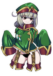  absurdres ahoge araga_kiwi black_panties brown_garter_straps coat commentary cropped_legs female green_hat green_jacket grey_hair hair_bun hands_up hat hat_ornament highres jacket koshou_shou_mitsu leoparde_(mahou_shoujo_ni_akogarete) long_sleeves lowleg lowleg_panties mahou_shoujo_ni_akogarete military_coat mole mole_under_eye panties purple_eyes simple_background sleeves_past_fingers sleeves_past_wrists smile solo star_(symbol) star_hat_ornament underwear white_background 