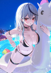  alternate_costume ara1e arm_strap bikini black_bikini black_choker black_hair blush breasts choker commentary_request double-parted_bangs earrings female grey_hair hair_between_eyes heart heart_choker heart_o-ring highres hololive inflatable_toy inflatable_unicorn jewelry large_breasts long_hair looking_at_viewer multi-strapped_bikini_bottom multi-strapped_bikini_top multicolored_hair nail_polish navel night o-ring o-ring_choker o-ring_thigh_strap outdoors pendant_choker pool red_eyes red_nails sakamata_chloe scrunchie side-tie_bikini_bottom sidelocks solo spiked_ear_piercing streaked_hair string_bikini swimsuit thigh_strap virtual_youtuber wrist_scrunchie 