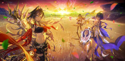  1boy 3girls absurdres asymmetrical_clothes bare_shoulders black_pants blue_eyes bow_(weapon) breasts brown_hair candace_(genshin_impact) chromatic_aberration clawed_gauntlets closed_eyes closed_mouth commentary_request dark-skinned_female dark_skin dehya_(genshin_impact) genshin_impact hair_between_eyes hair_ears hair_ornament halterneck hand_on_own_hip heterochromia highres holding holding_bow_(weapon) holding_sword holding_weapon large_breasts leaf lengchan_(fu626878068) long_hair looking_at_viewer multicolored_hair multiple_girls nahida_(genshin_impact) navel orange_eyes outdoors pants purple_eyes purple_hair sethos_(genshin_impact) shield shirt single_pantsleg smile standing stomach streaked_hair sword torn_clothes torn_pants very_long_hair weapon white_hair white_shirt 