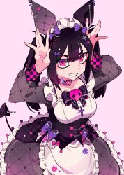  \||/ apron arms_up artist_name black_bow black_bowtie black_corset black_hair bloomers bow bowtie buttons center-flap_bangs chains checkered_clothes choker collarbone commentary corset cowboy_shot cross-shaped_pupils cross_hair_ornament demon_tail english_commentary female frilled_apron frilled_bloomers frilled_bow frilled_skirt frills from_above grin hair_between_eyes hair_ornament hairbow halftone heart heart_button heart_choker highres kuromi long_hair long_sleeves looking_at_viewer maid maid_headdress par0llel personification pink_background pink_bloomers pink_choker pink_eyes puffy_long_sleeves puffy_sleeves purple_bow sanrio see-through_clothes see-through_skirt simple_background skirt smile solo square_eyes star_(symbol) symbol-shaped_pupils tail twintails v-shaped_eyebrows white_apron white_headdress 