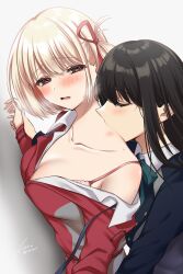  2girls bare_shoulders black_hair blonde_hair blush breasts cleavage closed_eyes collarbone ichi_kq inoue_takina large_breasts long_hair long_sleeves lycoris_recoil multiple_girls nishikigi_chisato off_shoulder open_mouth red_eyes short_hair yuri 