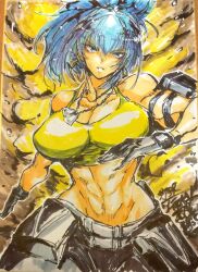  abs absurdres arm_pouch bare_shoulders black_gloves blue_eyes blue_hair breasts camouflage crop_top dog_tags earrings female gloves highres jewelry leona_heidern midriff moto_murabito muscular muscular_female ponytail shikishi signature sleeveless soldier solo tank_top the_king_of_fighters the_king_of_fighters_xv traditional_media triangle_earrings 