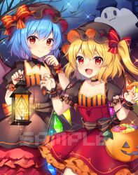  2girls :d alternate_costume bare_tree bat_(animal) bat_wings belt black_bow black_choker blonde_hair blue_hair bow breasts brown_dress choker claw_pose cleavage commentary_request crystal detached_collar dress fangs flandre_scarlet ghost hairbow halloween halloween_bucket halloween_costume hat highres holding holding_lantern lantern looking_at_viewer mob_cap multiple_girls one_side_up puffy_short_sleeves puffy_sleeves red_bow red_hair red_nails remilia_scarlet ruhika sample_watermark short_hair short_sleeves siblings sisters skin_fangs small_breasts smile striped_bow touhou tree waist_bow watermark wings wrist_cuffs 