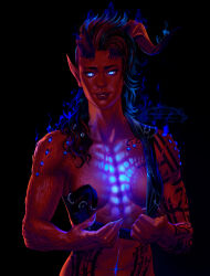  absurdres arm_tattoo baldur&#039;s_gate baldur&#039;s_gate_3 black_hair blue_eyes colored_skin dungeons_&amp;_dragons female glowing glowing_eyes highres karlach long_hair looking_at_viewer multicolored_hair nodensart red_hair red_skin simple_background slit_pupils solo stomach_tattoo tattoo two-tone_hair 