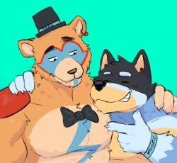  2024 5_fingers anthro arm_around_shoulders australian_cattle_dog bandit_heeler bear black_body black_bow_tie black_clothing black_fur black_hat black_headwear black_nose blue_body blue_fur blue_wristband bluey_(series) blush blush_lines bow_tie brown_body brown_fur canid canine canis cattledog cel_shading claws closed_eyes closed_smile clothing digital_media_(artwork) domestic_dog duo eyebrows finger_claws fingers five_nights_at_freddy&#039;s five_nights_at_freddy&#039;s:_security_breach fur glamrock_freddy happy hat headgear headwear herding_dog hi_res male male/male mammal mostly_nude mouth_closed multicolored_body multicolored_fur muscular muscular_anthro muscular_male narrowed_eyes open_mouth open_smile pastoral_dog raised_eyebrow red_body red_fur scottgames shaded simple_background smile snout steel_wool_studios stocky tan_body tan_fur tangkookie teal_background teeth top_hat 