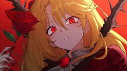  ascot blonde_hair blood blood_on_hands coat collared_shirt don_quixote_(project_moon) female flower gem hair_flower hair_ornament highres limbus_company long_hair looking_at_viewer open_mouth project_moon red_background red_brooch red_coat red_eyes red_flower rose shirt slit_pupils thorns vvernerluniq white_shirt 