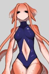  black_eyes blue_one-piece_swimsuit breasts colored_skin commentary_request cowboy_shot dilated_pupils female grey_background highres looking_at_viewer medium_breasts monster_girl neko_gokoro one-piece_swimsuit orange_hair orange_skin short_hair simple_background solo stomach swimsuit tentacle 