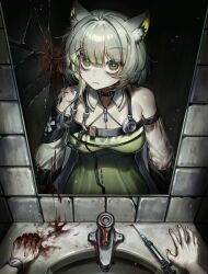  animal_ears arknights bags_under_eyes bathroom blood broken_glass cat_ears glass green_eyes highres kal&#039;tsit_(arknights) mirror mwomwomwo needle short_hair sink watch 