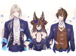  2boys ascot blue_eyes breasts brown_hair brown_horns cassius_(granblue_fantasy) cleavage closed_eyes earrings elbow_gloves extra_ears female formal galleon_(granblue_fantasy) gloves granblue_fantasy halterneck holding_hands horns huyoyo_yo jacket jewelry large_breasts long_braid long_hair multicolored_hair multiple_boys petals pointy_ears sandalphon_(granblue_fantasy) short_hair streaked_hair suit_jacket vest white_hair 