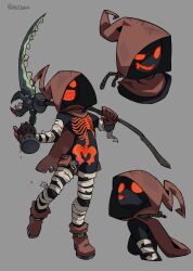  :d :p artist_name black_skin brown_cape brown_footwear cape colored_skin female full_body grey_background highres holding holding_scythe hood hood_up hooded_cape mr_plagu3 multiple_views original rope scythe sharp_teeth simple_background skeleton_print smile teeth tongue tongue_out 