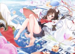  absurdres azur_lane balloon bare_legs barefoot bent_back black_dress blush brown_hair bubble chou_(1092086648) commentary_request convenient_leg day dress exhibitionism female full_body green_eyes hair_over_one_eye happy highres knees_together_feet_apart knees_up legs long_hair looking_at_viewer looking_down midair no_panties outdoors public_indecency solo twintails upskirt very_long_hair very_long_sleeves wide_sleeves zuihou_(azur_lane) zuihou_(joy_comes_on_fledgling_wings)_(azur_lane) 