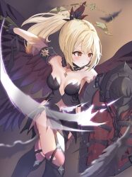  armband black_wings blonde_hair breasts brown_eyes chains clear_(princess_connect!) cleavage collar craig_(2980ct) feather_hair_ornament feathers female garter_straps goth_fashion gothic_lolita hair_ornament highres jewelry kite_shield lolita_fashion navel necklace ponytail princess_connect! simple_background small_breasts star_(symbol) star_necklace wings 